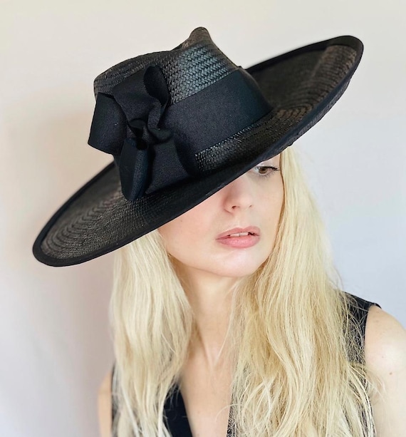 Women's Formal Black Wide Brim Hat, Derby hat, Women's Formal Black Fedora, Royal Ascot Hat, Princess Kate Hat, Kentucky Derby Hat