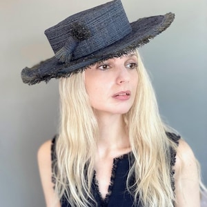 Women&#39;s Navy Blue Boater Hat, Kentucky Derby Boater Hat, Women&#39;s Formal Navy Hat Wedding Hat, Royal Ascot Hat, Church Hat, Couture Millinery