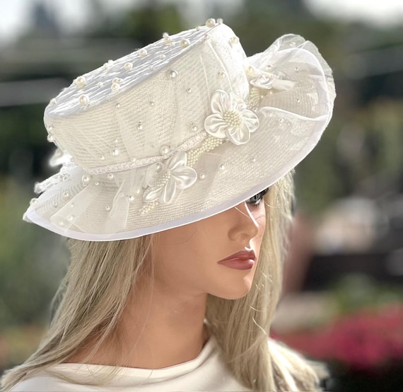 Wedding Hat, Bridal Hat Royal Ascot Hat, Church Hat Women's white Ivory Formal Hat Vintage Style, Kentucky Derby Hat, White Pearl Boater Hat