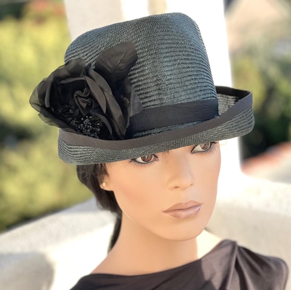 Handmade Trilby Fedora Panama Hat Derby Hat Women's Fedora Trilby Hat Women's Tailored Green Black Women's Hat, Formal Hat Carriage Hat