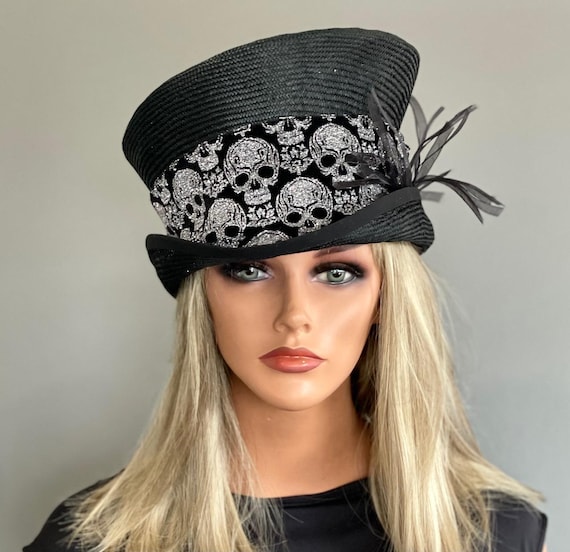 Women's Black Top Hat With Silver Skulls. Women's Formal Hat Derby Races Hat Steampunk Top Hat Mad Hatter, Women's Halloween Day of Dead Hat