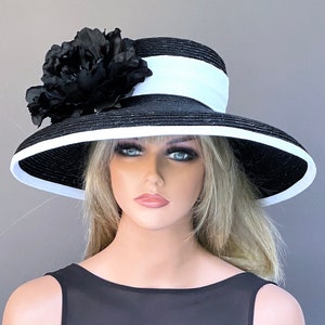 Wedding Hat, Women&#39;s Wide Brim Black and White Hat, Kentucky Derby Hat, Church Hat, Women&#39;s Formal Hat, Audrey Hepburn Hat, Ladies Day Hat