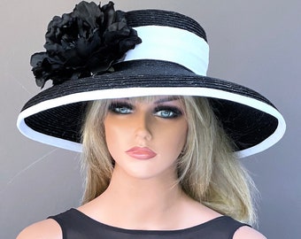 Kentucky Derby Hat, Wedding Hat, Women's Wide Brim Black and White Hat, Derby Hat, Church Hat, Women's Formal Hat, Dressy Hat Audrey Hepburn