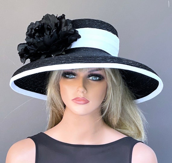 Wedding Hat, Women's Wide Brim Black and White Hat, Kentucky Derby Hat, Church Hat, Women's Formal Hat, Audrey Hepburn Hat, Ladies Day Hat