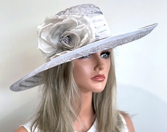 Kentucky Derby Hat, Wedding Hat, Ladies Formal Gray Lavender Hat, Wide Brim Hat, Mother of Bride Hat Mother of Groom Hat Ladies Formal Hat,