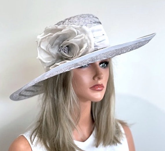 Kentucky Derby Hat, Wedding Hat, Ladies Formal Gray Lavender Hat, Wide Brim Hat, Mother of Bride Hat Mother of Groom Hat Ladies Formal Hat,