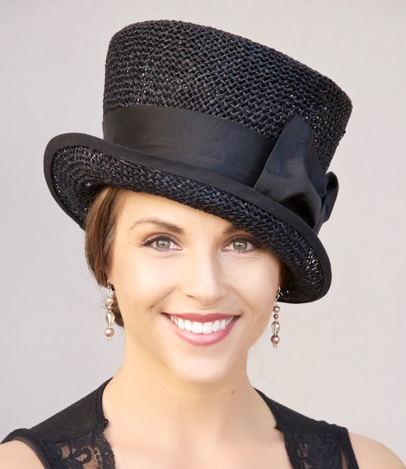 Women's Black Hat, Church hat, Downton Abbey hat, Black Top hat, Derby hat, Black Cloche Hat, Formal Dressy hat, Elegant Hat Funeral  Hat
