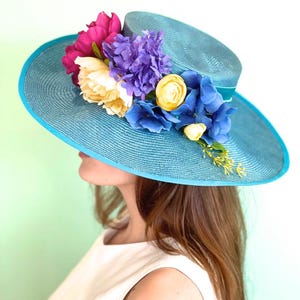 Derby Hat, Wedding Hat, Women&#39;s Formal Blue Hat, Wide Brim Flower Bouquet Hat, Royal Ascot Hat, Wedding Guest Hat, Church Hat, wedding Hat