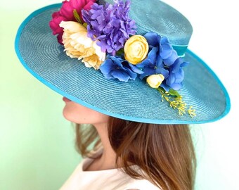 Derby Hat, Wedding Hat, Women's Formal Blue Hat, Wide Brim Flower Bouquet Hat, Royal Ascot Hat, Wedding Guest Hat, Church Hat, wedding Hat