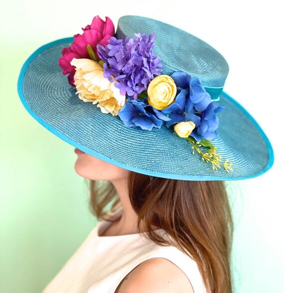 Derby Hat, Wedding Hat, Women's Formal Blue Hat, Wide Brim Flower Bouquet Hat, Royal Ascot Hat, Wedding Guest Hat, Church Hat, wedding Hat
