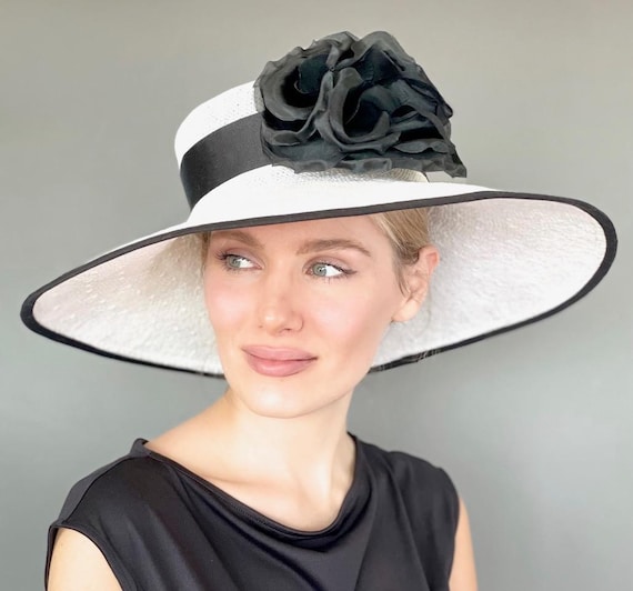 Derby Hat, Wide Brim Black and White Hat Wedding Guest Hat, Garden Party Hat, Wide Brim Formal  Hat Ascot Hat Special Occasion Hat Races Hat
