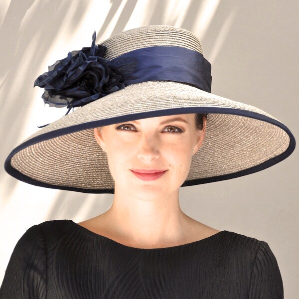 Wedding Hat Kentucky Derby Hat Formal Hat Taupe gray Navy Hat, Women's Taupe Gray Black Hat, Formal Gray Hat ,Royal Ascot Hat Big Hat,