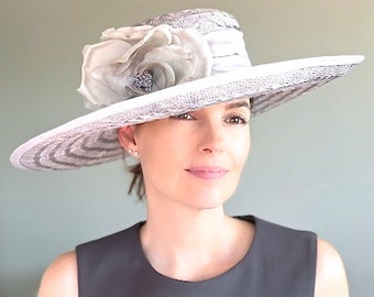 Women's Kentucky Derby Hat, Wedding Hat, Royal Ascot Hat, Garden Party Hat, Women's Formal Gray Wide Brim Hat, Races Hat, Occasion Hat