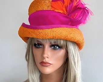 Kentucky Derby Hat, Women's Orange Fuchsia Top Hat, Royal Ascot Hat, Millinery, Formal Orange Feather Hat, Women's Steampunk hat