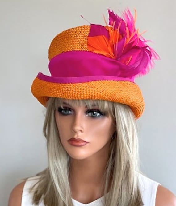 Kentucky Derby Hat, Women's Orange Fuchsia Top Hat, Royal Ascot Hat, Millinery, Formal Orange Feather Hat, Women's Steampunk hat