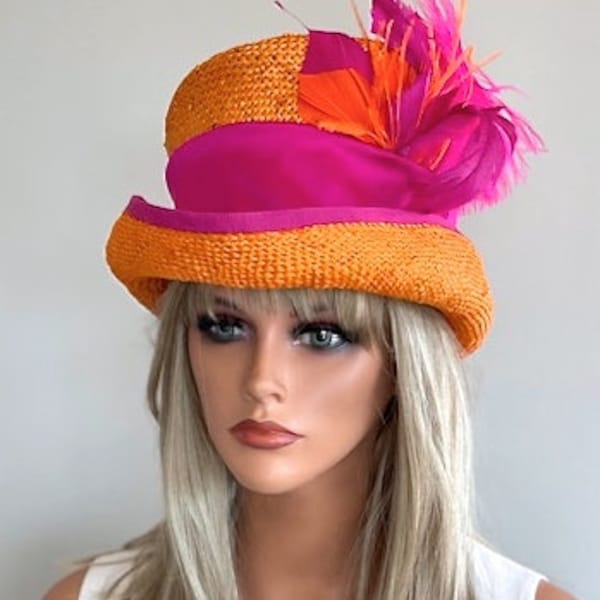 Kentucky Derby Hat, Women's Orange Fuchsia Top Hat, Royal Ascot Hat, Millinery, Formal Orange Feather Hat, Women's Steampunk hat