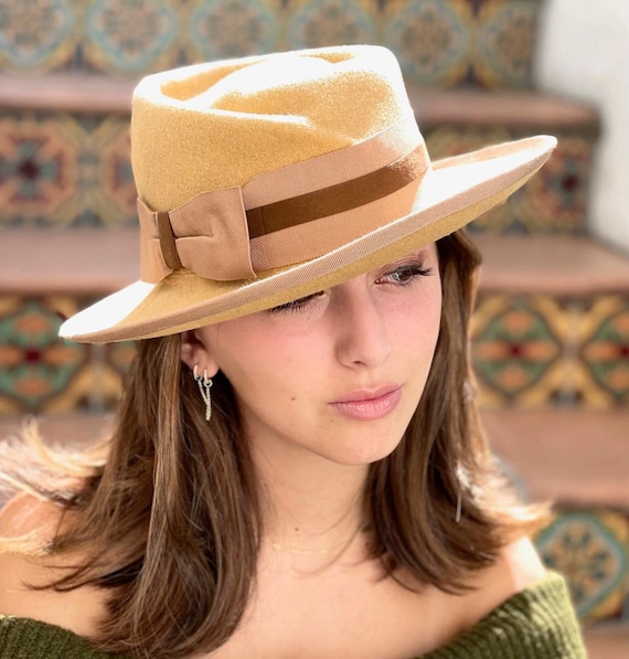 Women's Handmade Wool Felt Hat, Millinery, Camel Mustard Yellow Wide Brim Winter Hat, Formal Women's Tailored Hat Cheltenham Race Hat