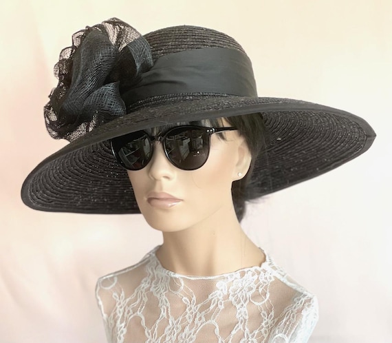 Wedding Guest Hat, Kentucky Derby Hat, Black Wide Brim Hat, Funeral Hat Audrey Hat Memorial Service Hat Formal Black Summer Hat Wedding Hat