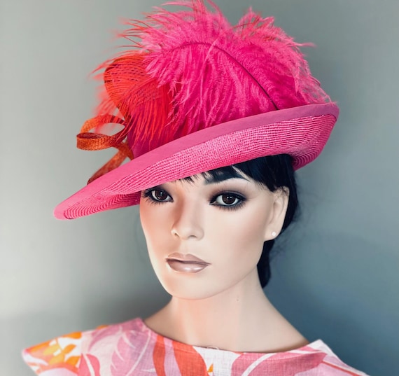 Women's Pink Derby Hat, Ascot Hat, KentuckyDerby Hat, Wedding Guest Hat, Formal Pink and Orange Straw Hat, Feather Hat