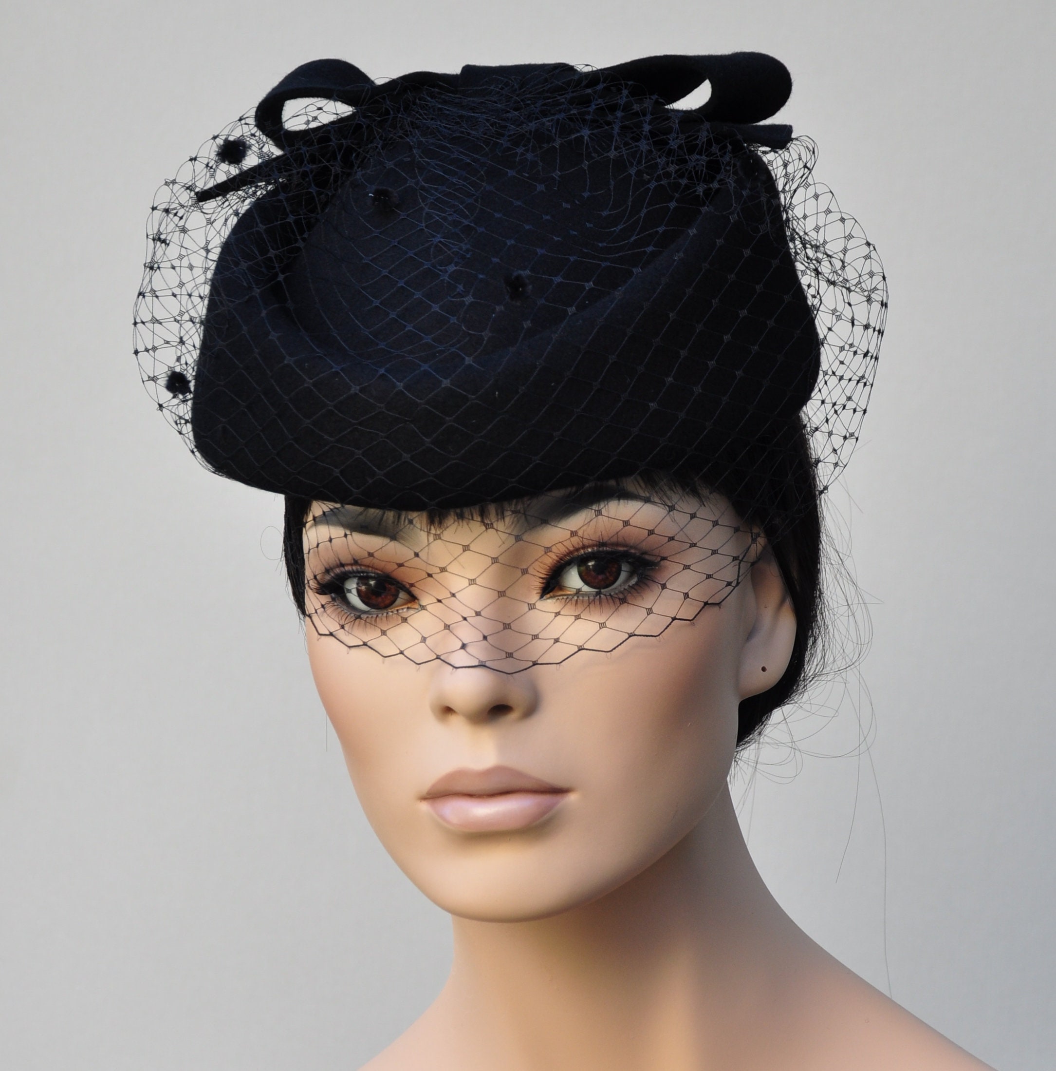 Women's Black Pillbox Hat, Black Felt Veil Hat, Church Hat, Ladies ...