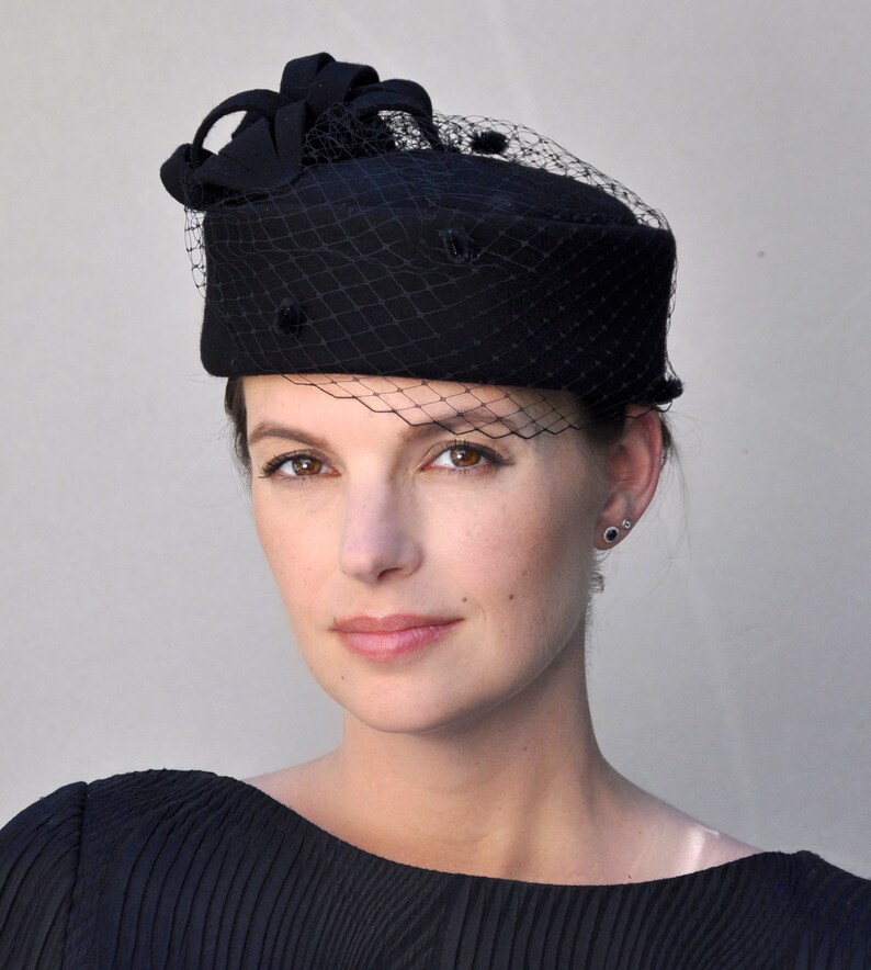 Black Pillbox Hat Cocktail Hat Funeral Hat Ladies Black Etsy