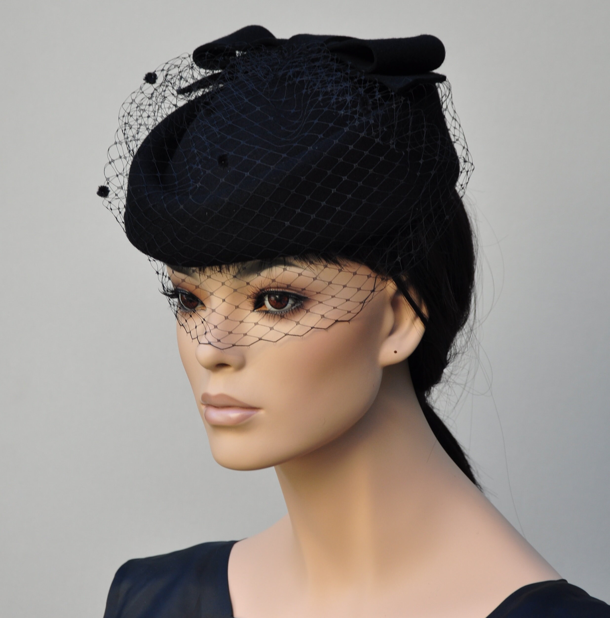 Women's Black Pillbox Hat, Black Felt Veil Hat, Church Hat, Ladies