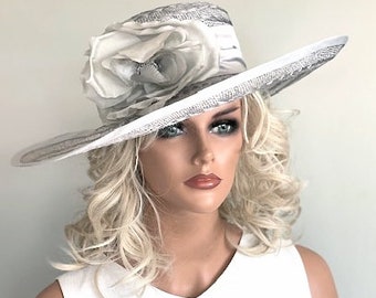 Kentucky Derby Hat, Wedding Hat, Royal Ascot Hat, Garden Party Hat, Preakness Hat Belmont Hat Women's Formal Gray Wide Brim Hat, Races Hat