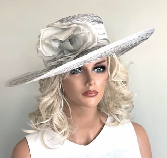 Kentucky Derby Hat, Wedding Hat, Royal Ascot Hat, Garden Party Hat, Preakness Hat Belmont Hat Women's Formal Gray Wide Brim Hat, Races Hat