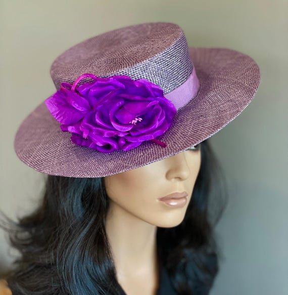 Women's Purple Formal Hat, Kentucky Derby Hat, Ladies Purple Straw Boater Hat Wedding Hat Royal Ascot Hat Dressy Hat Occasion hat Church Hat