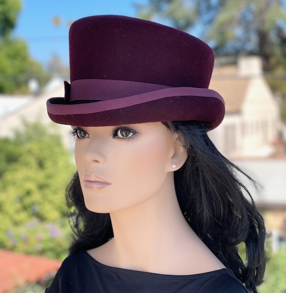 Women's Burgundy Wool Felt Top Hat, Ladies Wine Fall Winter Formal Hat, Tailored Derby Hat Races Hat, Wedding Guest Hat, Cheltenham Race Hat