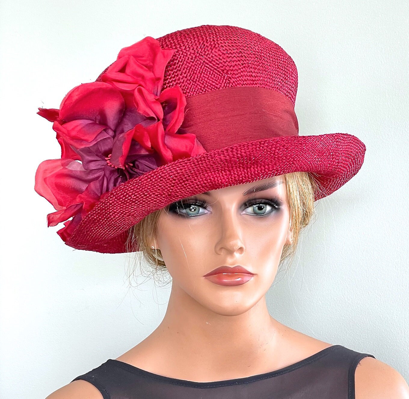 Wedding Hat, Derby Hat, Women's Red Summer Hat, Formal Red Straw Hat