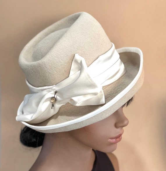 Beige Ivory Hat, Women's Handmade in USA Wool Felt Winter Hat, Women's Formal Winter Hat, Wedding Guest Hat
