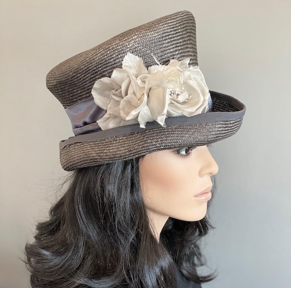 Women's Gray Top Hat, Women's Formal Gray Straw Hat, Gray Church Hat, Carriage Hat, Wedding Hat, Wedding Guest Hat, Cheltenham Races Hat