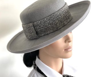 Gray Wool Felt Princess Kate Hat, Women's Wide Brim Winter Gray Hat Cheltenham Races Hat Wedding Guest Hat, Women's Formal Hat, Millinery