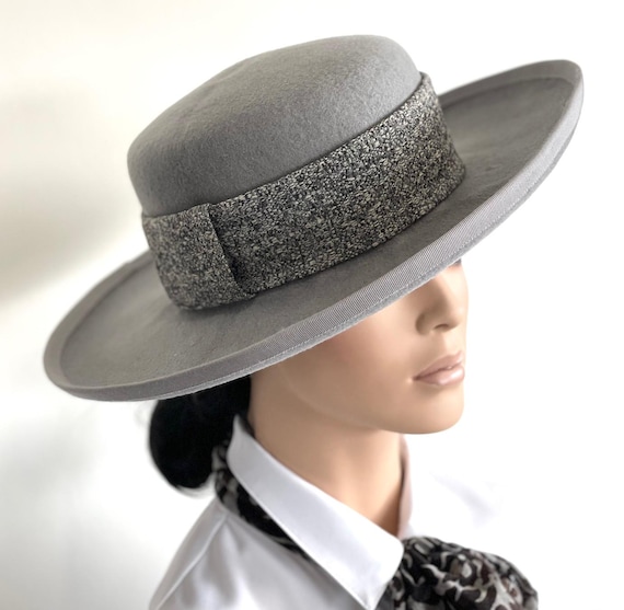Gray Wool Felt Princess Kate Hat, Women's Wide Brim Winter Gray Hat Cheltenham Races Hat Wedding Guest Hat, Women's Formal Hat, Millinery