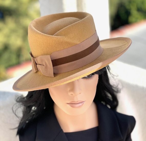 Women's Handmade Wool Felt Hat, Millinery, Mustard Yellow Wide Brim Winter Hat, Formal Women's Hat, Ladies Formal Wool Felt Hat Tailored Hat