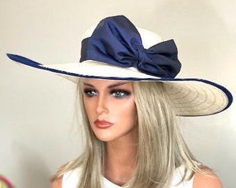 Kentucky Derby Hat, Women's Wide Brim Hat, Formal  Navy and Ivory Hat, Wedding Guest Hat, Church Hat, Dressy Hat