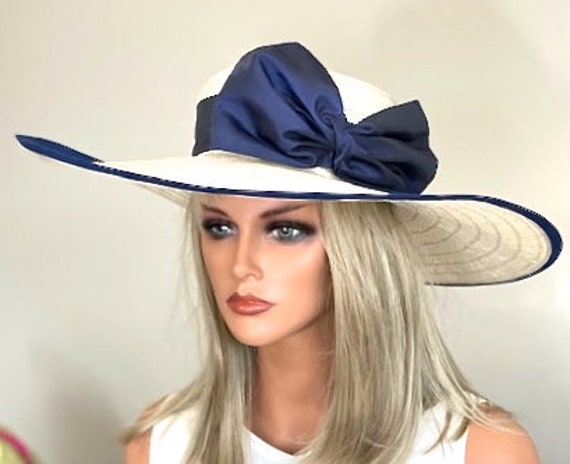 Kentucky Derby Hat, Women's Wide Brim Hat, Formal  Navy and Ivory Hat, Wedding Guest Hat, Church Hat, Dressy Hat
