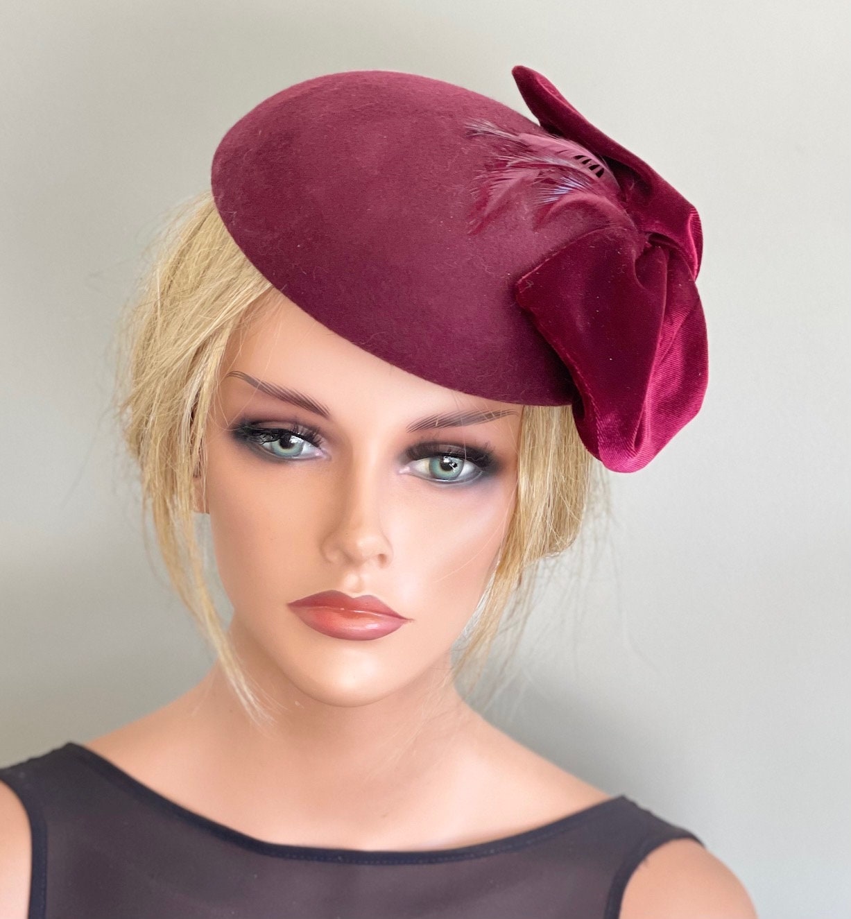 Burgundy Wine Wool Felt Hat, Velvet Fascinator, Women's Winter Wine