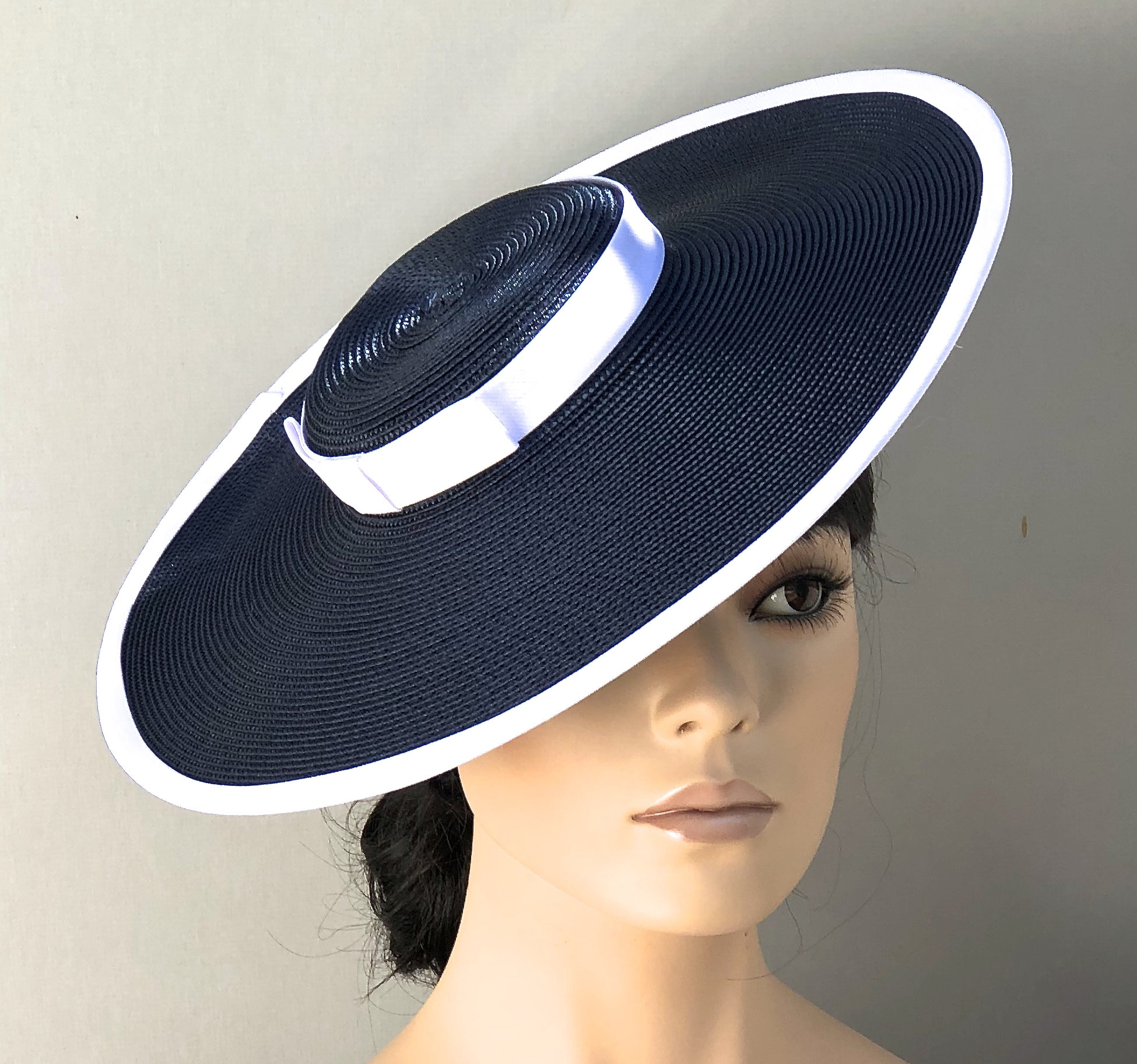 Navy and White Boater Hat, Women's Derby Hat, Ladies Boater Hat, Women