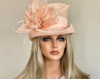 Women's Peach Kentucky Derby Hat, Ladies Formal Hat, Wedding Hat, Peach Top Hat, Women's Easter Hat, Ascot Hat, Women's Feather Hat,