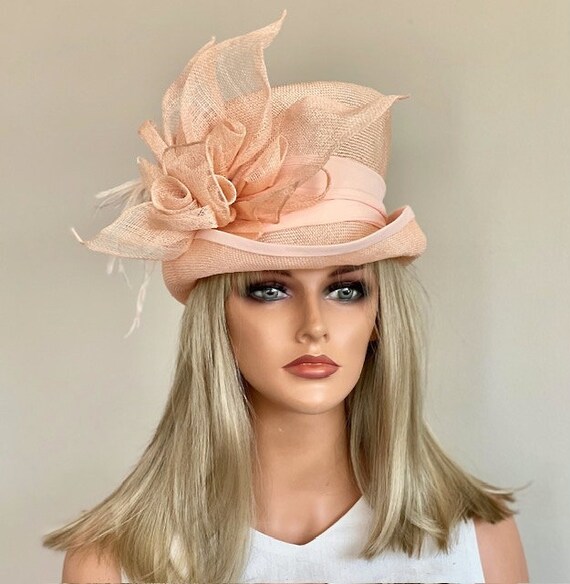 Women's Peach Kentucky Derby Hat, Ladies Formal Hat, Wedding Hat, Peach Top Hat, Women's Easter Hat, Ascot Hat, Women's Feather Hat,