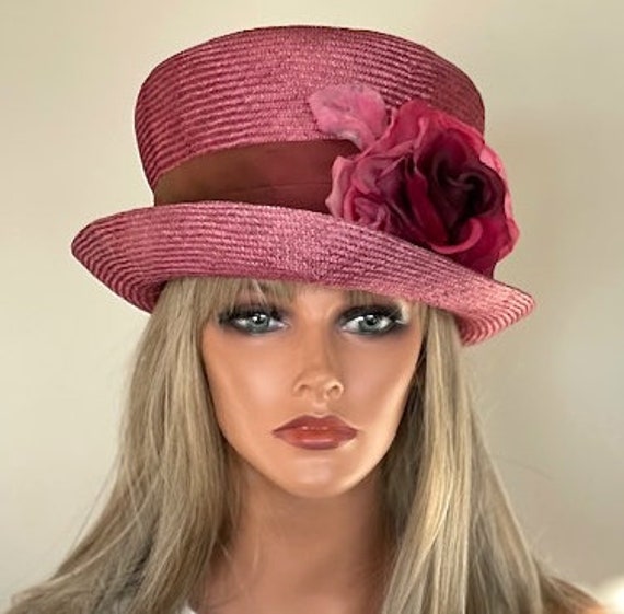 Women's Wine Cranberry Dress Hat, Ladies Formal Straw Hat, Wedding Hat, Women's Top Hat, Kentucky Derby Hat, Women's Easter Hat, Millinery