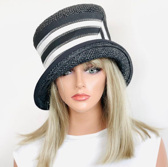 Women's Tailored Black Hat, Black & White Hat, Wedding Guest Hat, Derby Races Hat, Mother of Bride Hat, Mother of Groom Hat, Occasion Hat