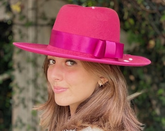 Women's Pink Fuchsia Formal Felt Hat Cheltenham Races Hat Wedding Guest Hat P Treacy style Pink Wide Brim Wool Felt Hat Church Hat Millinery