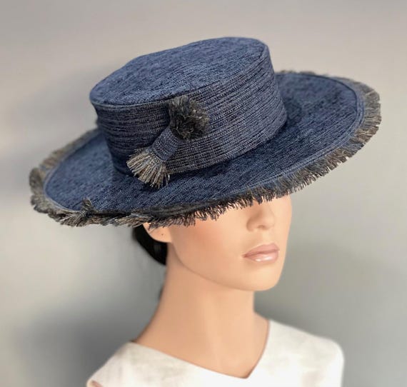 Women's Navy Blue Boater Hat, Kentucky Derby Boater Hat, Women's Formal Navy Hat Wedding Hat, Royal Ascot Hat, Church Hat, Couture Millinery