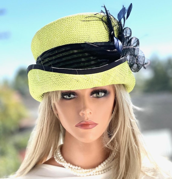 Women's Formal Lime Green & Black Hat, Chartreuse Top Hat, Royal Ascot Hat, Kentucky Derby Hat, Church Hat, Dressy Mad Hatter Top Hat