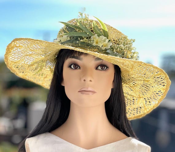 Natural Straw Garden Party Hat, Wedding Hat, Women's Flower Hat, Wide Brim Hat, Romantic Hat