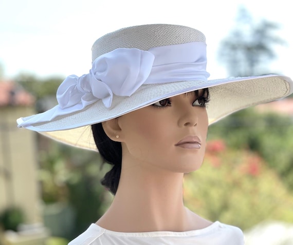 Ivory White Boater Hat, Wedding Hat, Ascot Hat, Women's Formal Wide Brim Hat, Ladies Ivory Racing Hat, Church Hat, Women's Derby Polo Hat,