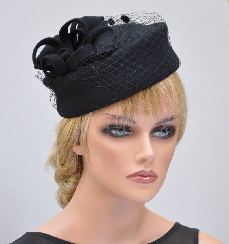 Black Pillbox Hat Cocktail Hat Funeral Hat Ladies Black | Etsy